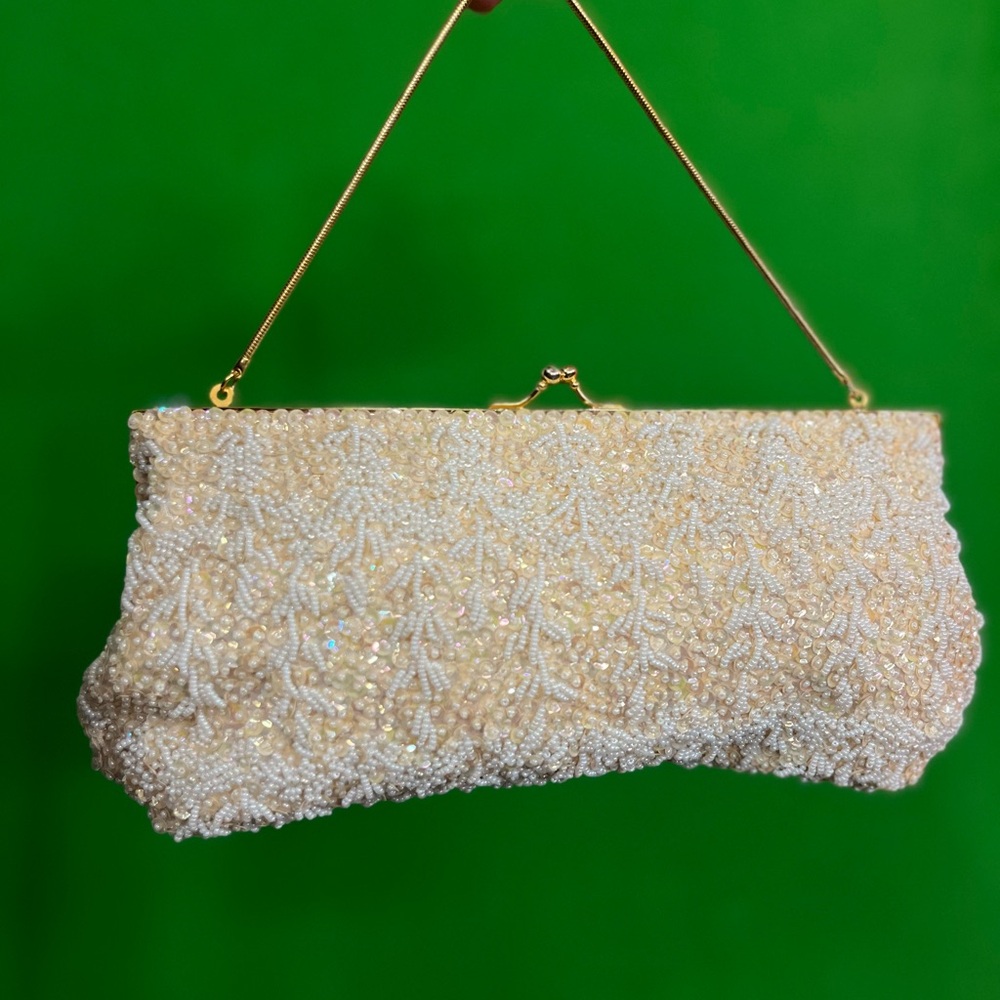 Handmade for Broadway white pearl clutch.